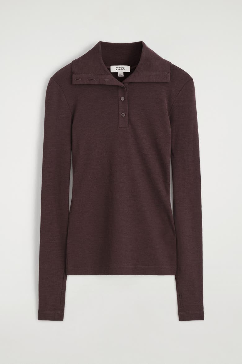 Merino Wool Buttoned Mock-Neck Top, Alternate, color, BURGUNDY