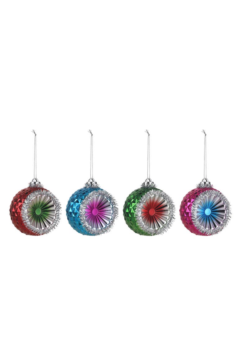 Set of 4 Reflective Ornaments with Tinsel, Alternate, color, Multicolored