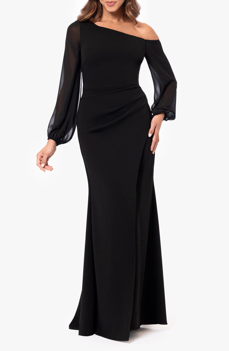 Betsy & Adam Off the Shoulder Long Sleeve Gown, Main, color, Black