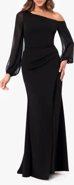Betsy & Adam Off the Shoulder Long Sleeve Gown