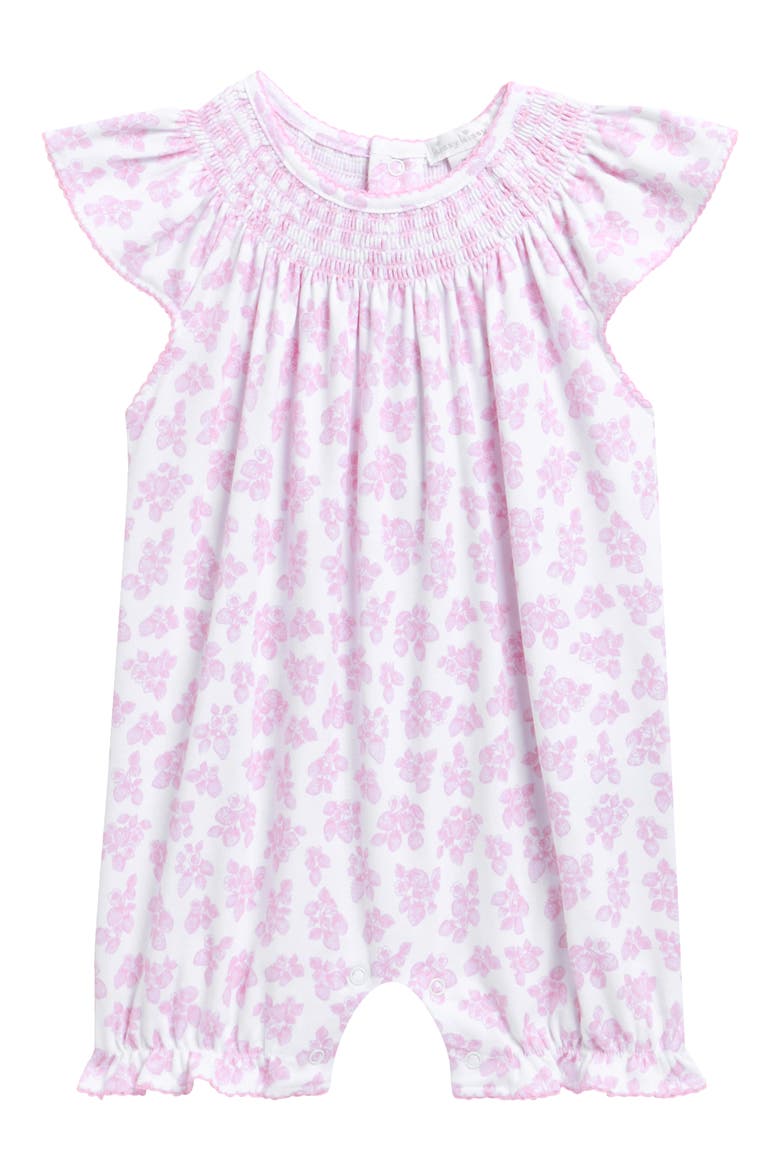 Picot Trim Flutter Sleeve Smocked Yoke Pima Cotton Romper, Main, color, PINK