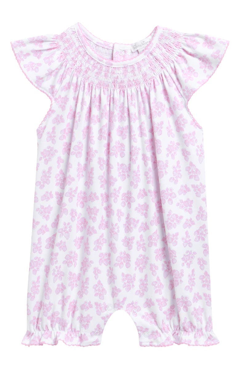Kissy Kissy Picot Trim Flutter Sleeve Smocked Yoke Pima Cotton Romper, Main, color, Pink
