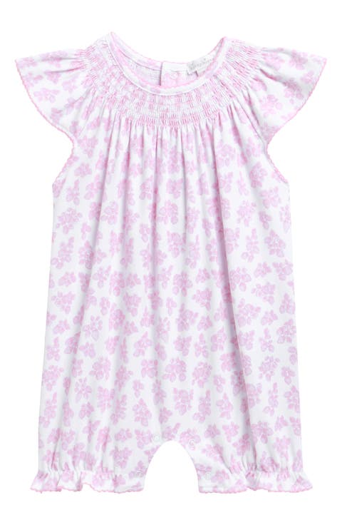 Picot Trim Flutter Sleeve Smocked Yoke Pima Cotton Romper (Baby)