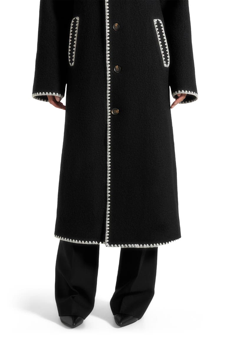 Elora Wool Blanket Stitch Belted Longline Coat, Alternate, color, Black