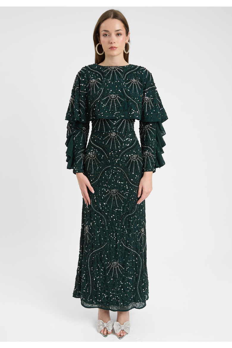 Modest Embellished Sequin Beaded Dress Maxi With Cape Style Top, Main, color, EMERALD GREEN