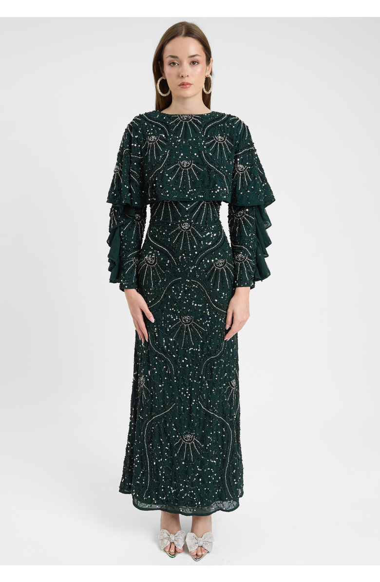 MARYISA Modest Embellished Sequin Beaded Dress Maxi With Cape Style Top, Main, color, Emerald Green