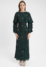MARYISA Modest Embellished Sequin Beaded Dress Maxi With Cape Style Top