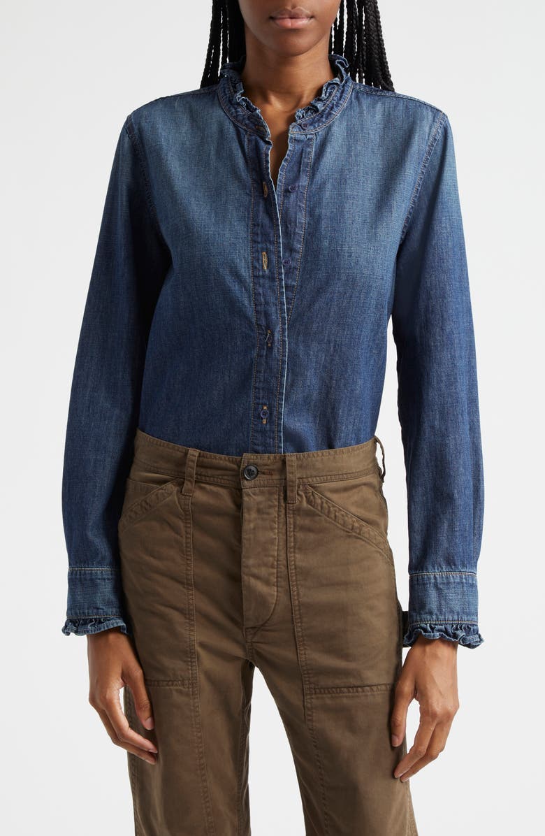 Nili Lotan Lydia Ruffle Accent Denim Button-Up Shirt, Main, color, 