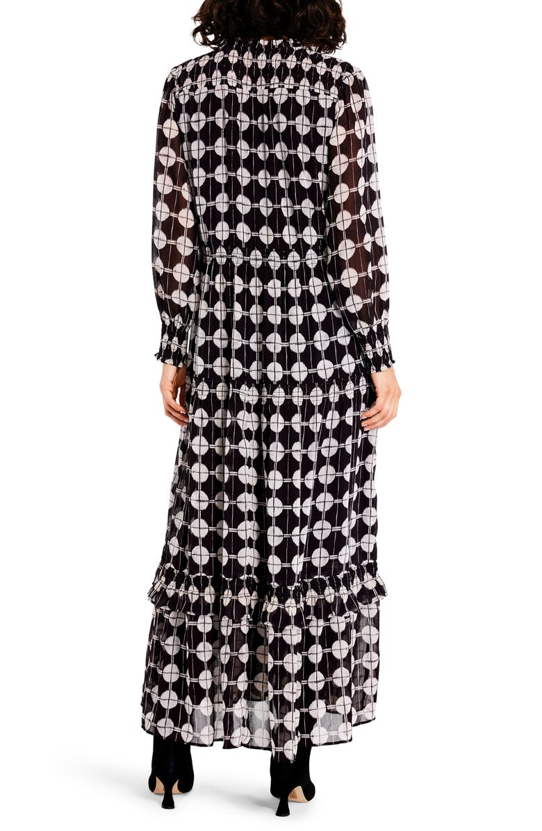 NIC+ZOE Dot Ruffle Smocked Long Sleeve Chiffon Maxi Dress, Alternate, color, Black Multi