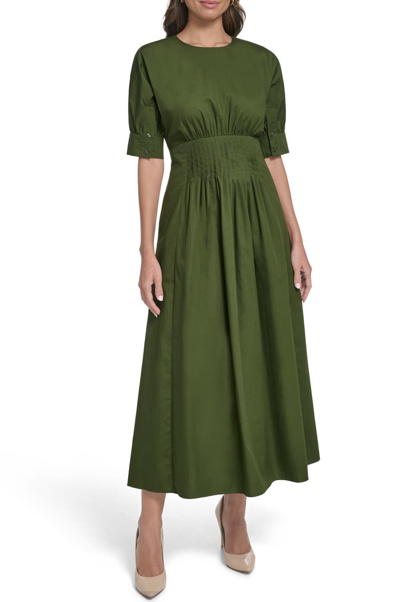 Vince Camuto Pleat Detail Cotton Poplin Dress, Main, color, Kelly