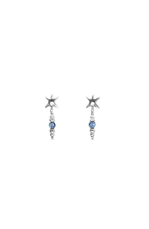 Long Silver-Tone Earrings with Blue Faceted Crystals and Star