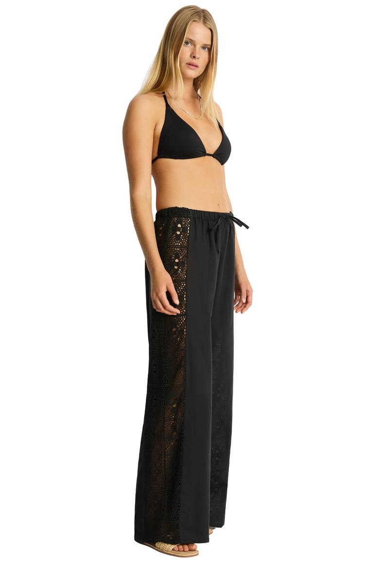 Lace Panel High Waist Wide Leg Beach Pants, Alternate, color, BLACK