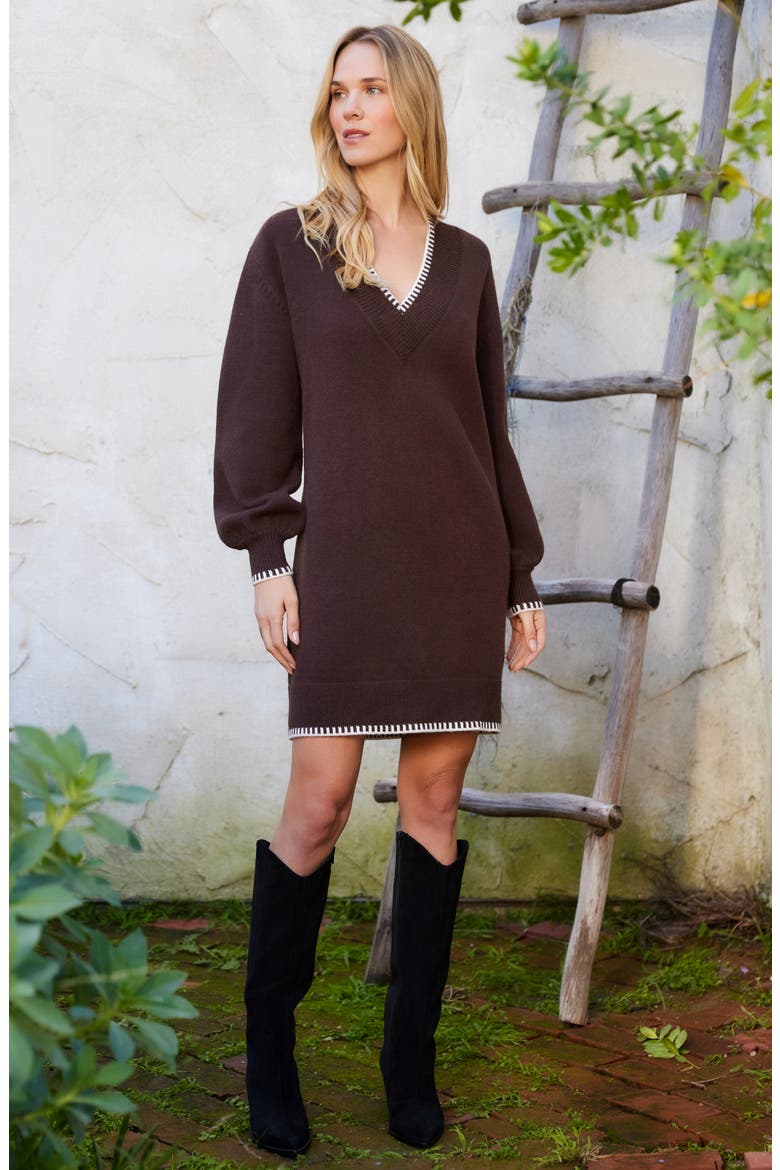 Varsity V-Neck Long Sleeve Sweater Minidress, Alternate, color, CHOCOLATE