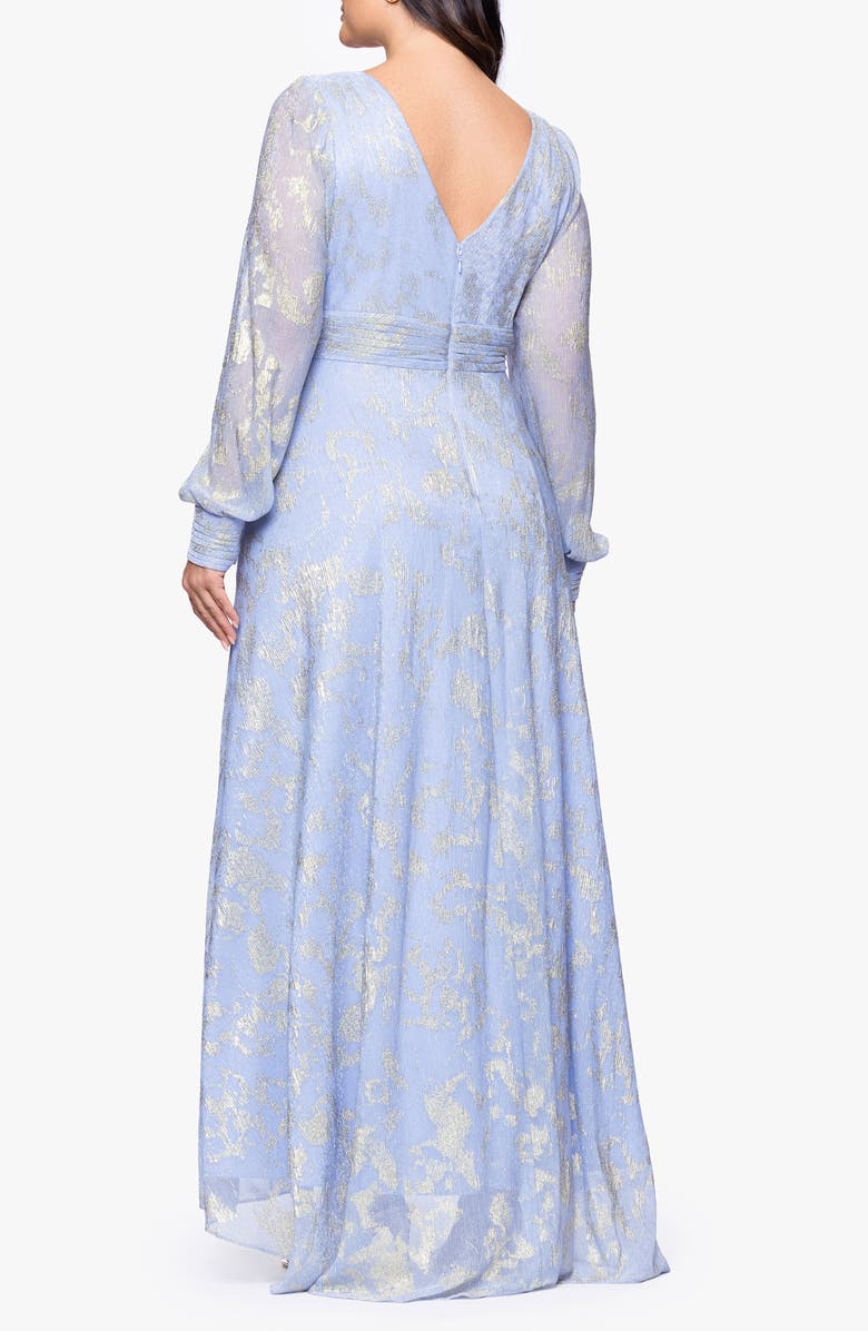 Betsy & Adam Metallic Jacquard Long Sleeve Gown, Alternate, color, Peri/ Gold