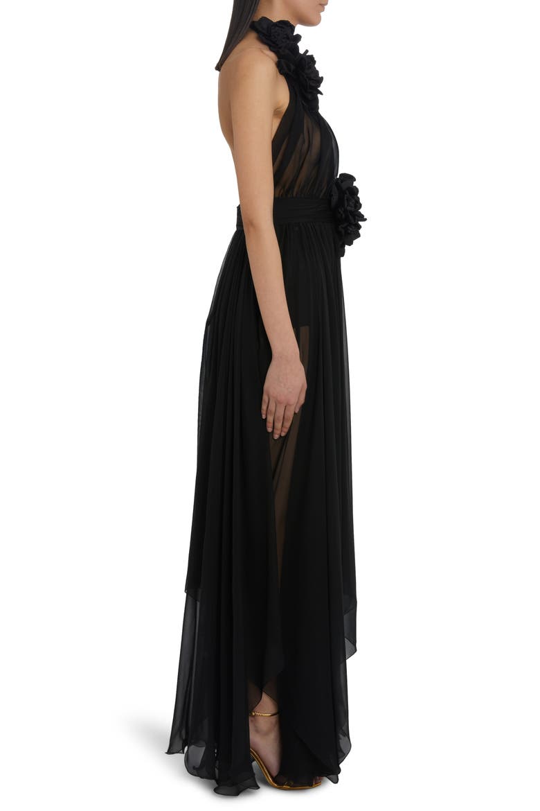 Rosette Detail Halter Neck Silk Chiffon Gown, Alternate, color, BLACK