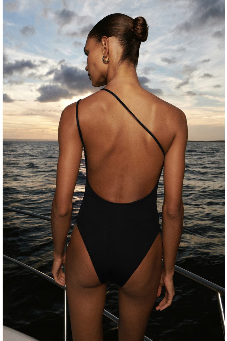 Asymmetric Open Back O-Ring One-Piece Swimsuit, Alternate, color, BLACK