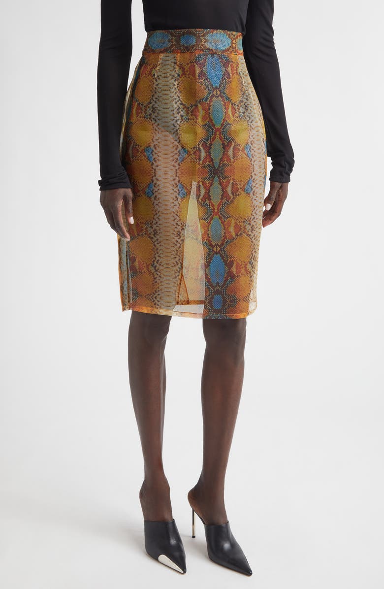 LaQuan Smith Shimmer Snakeskin Print Sheer Pencil Skirt, Main, color, Snake