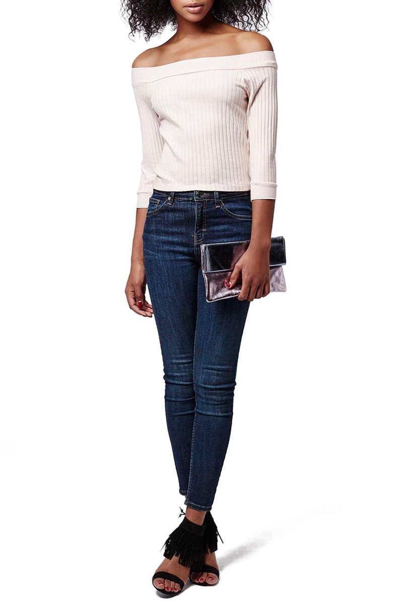 Topshop Half Sleeve Ribbed Bardot Top, Alternate, color,