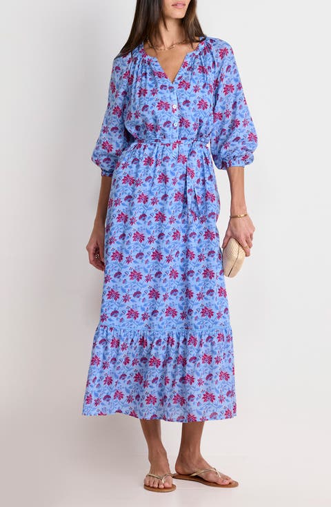 Floral Long Sleeve Cotton Blend Cover-Up Midi Dress