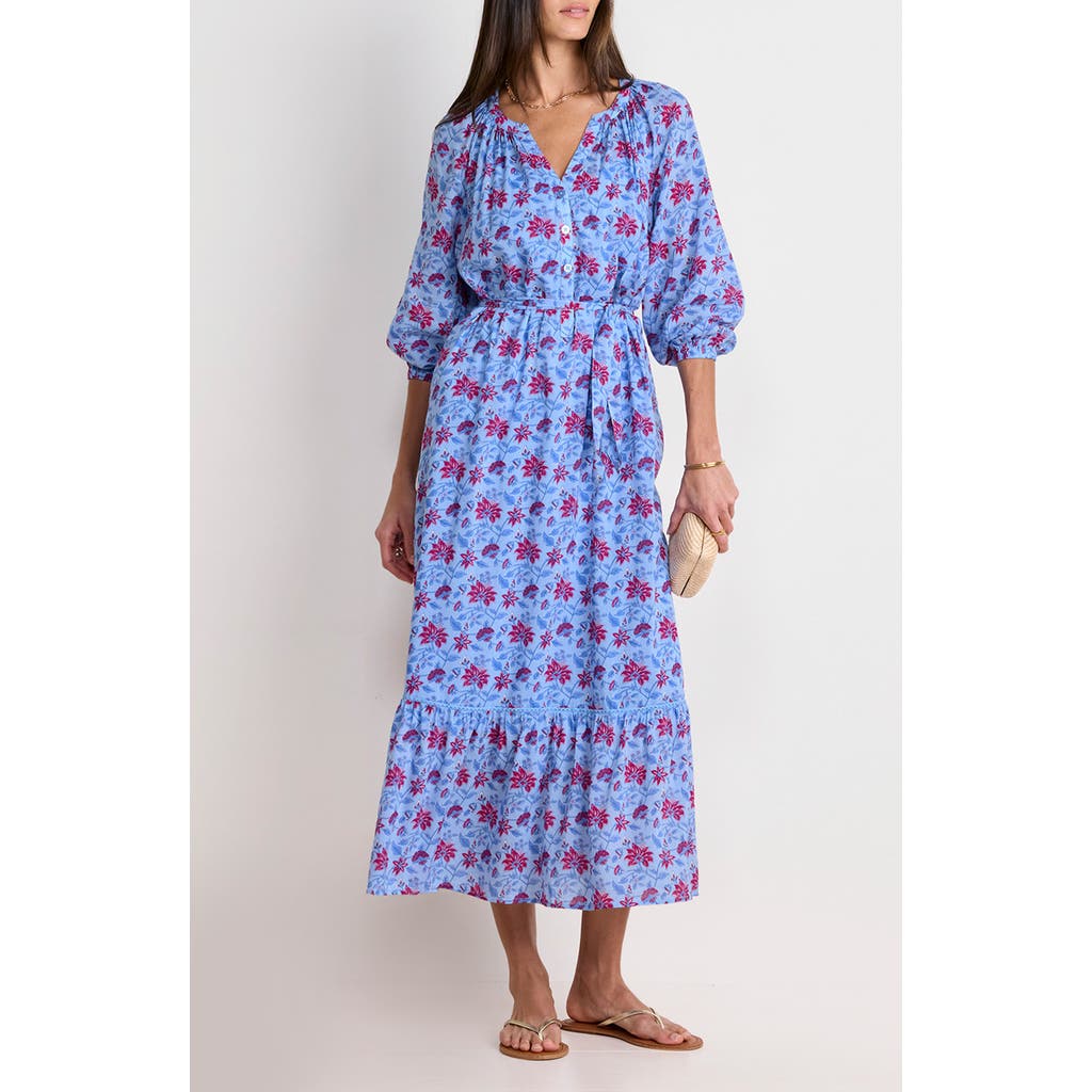 Vineyard Vines Floral Long Sleeve Cotton Blend Cover-up Midi Dress In Blue