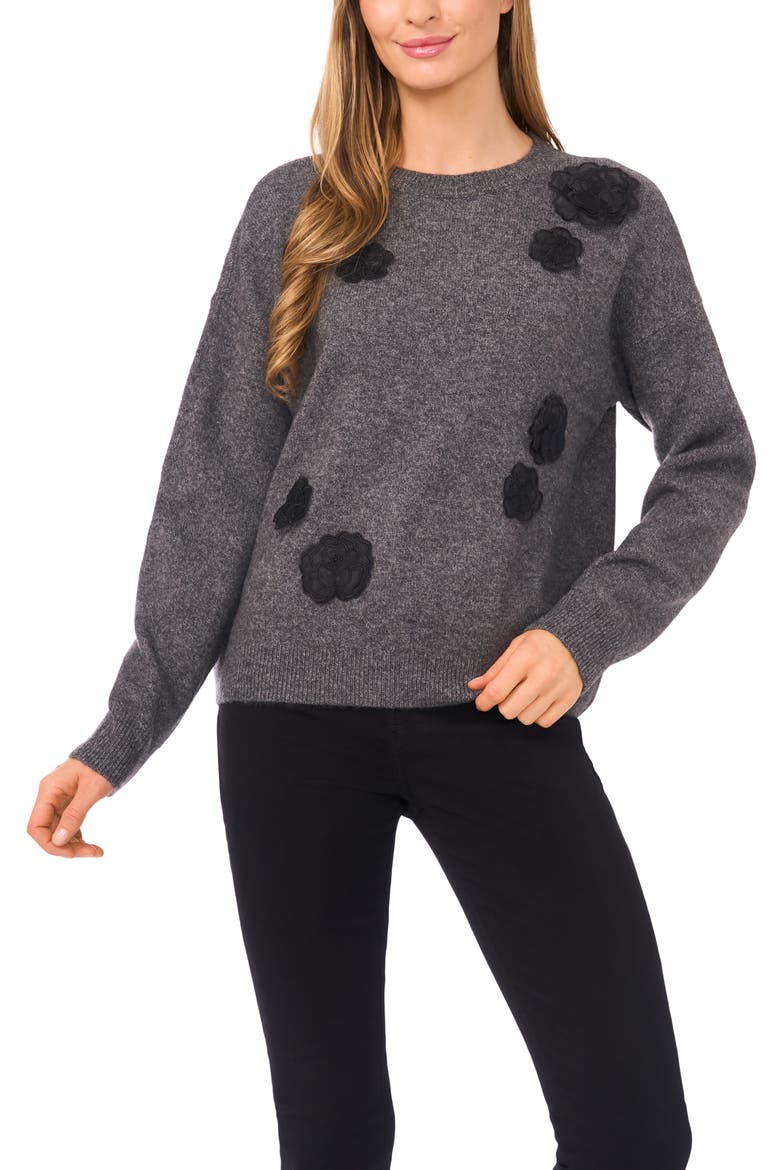 Floral Appliqué Sweater, Main, color, MEDIUM HEATHER GREY