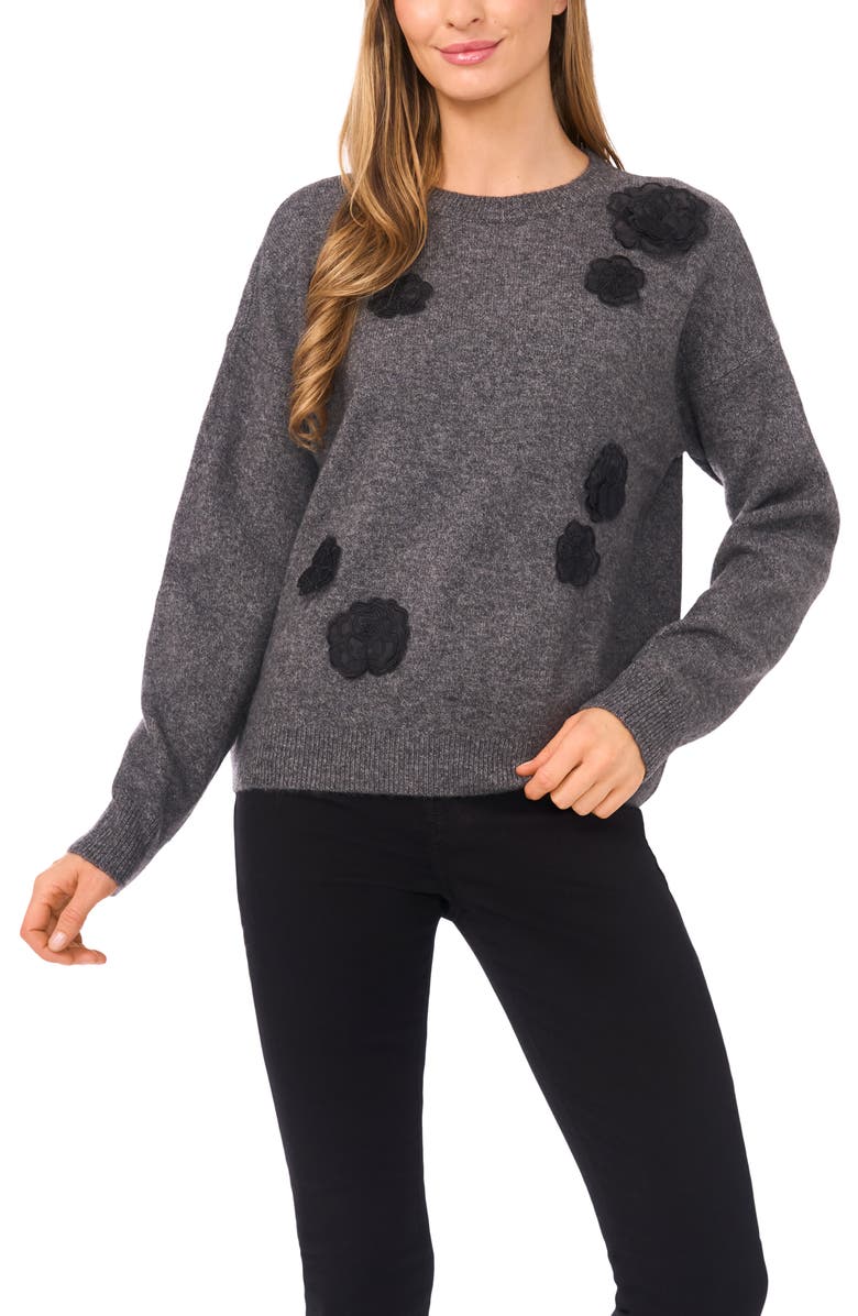 CeCe Floral Appliqué Sweater, Main, color, Medium Heather Grey