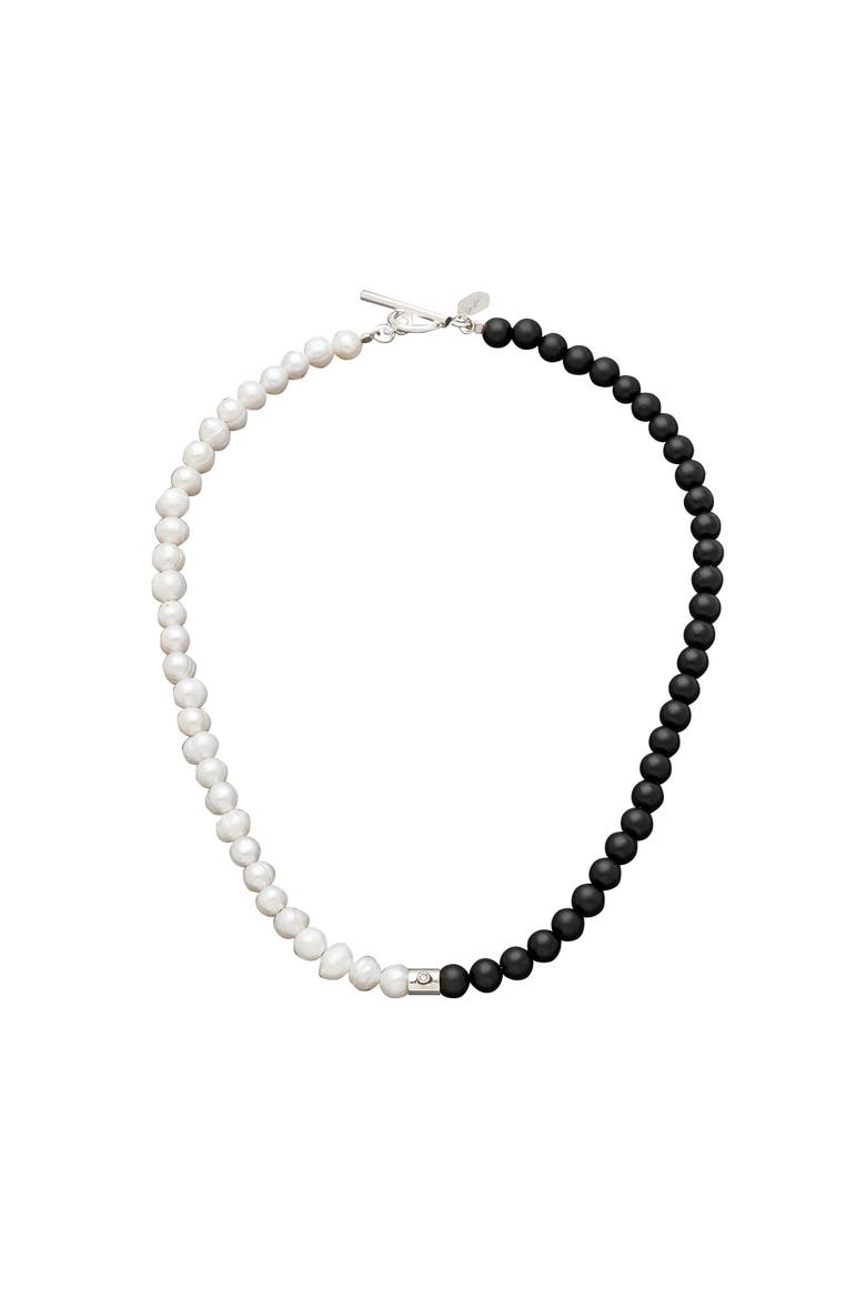 Diamond Accent Sterling Silver Freshwater Pearl And Black Agate Bead Necklace, Main, color, ONYX