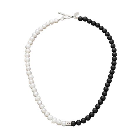 Diamond Accent Sterling Silver Freshwater Pearl And Black Agate Bead Necklace