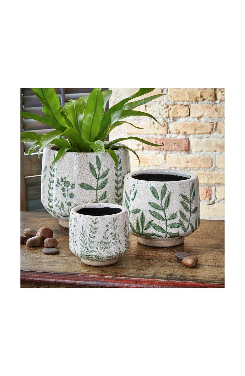 tag Foliage Printed Glazed Terracotta Footed Planter Large, Alternate, color, Green