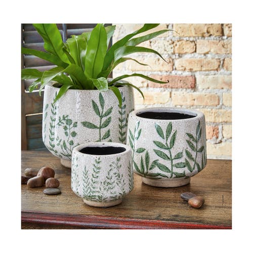 Tag Foliage Printed Glazed Terracotta Footed Planter Large In Multi