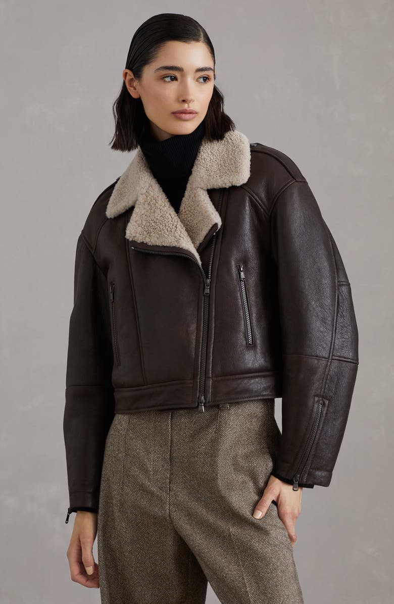 Brunello Cucinelli Waxed shearling biker jacket, Alternate, color, 