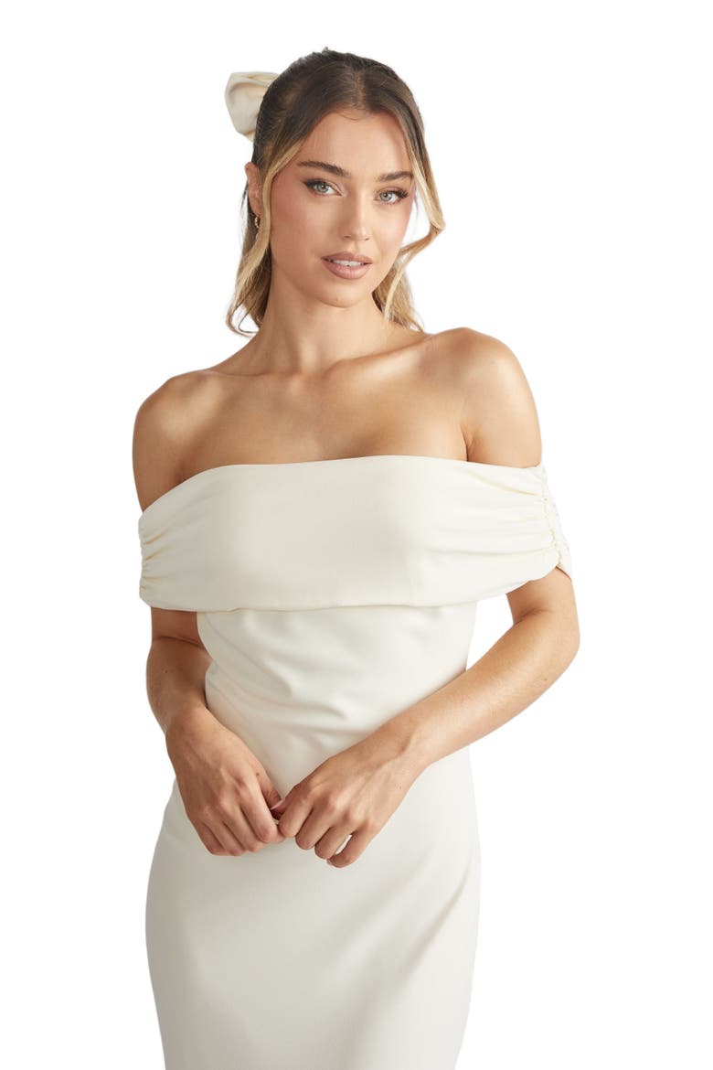 Bardot Crepe Bridesmaid Dress, Alternate, color, Almond