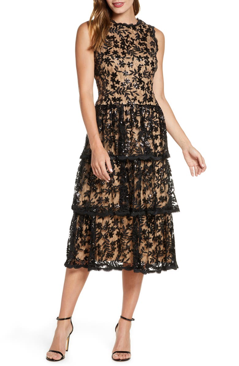 Taylor Dresses Sequin Floral Lace Embroidered Dress, Main, color,
