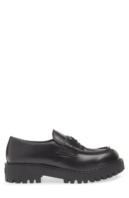 Prada Polished Black Leather Loafers With Chunky Rubber Sole In Black
