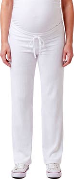 24seven Comfort Apparel Maternity Basic Ribbed Knit Drawstring Straight Leg Lounge Pants
