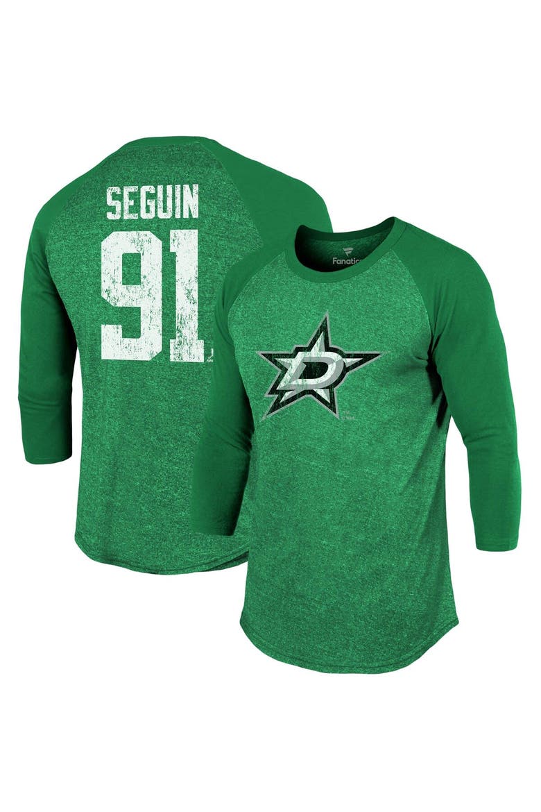 Men's Fanatics Branded Tyler Seguin Kelly Green Dallas Stars Name & Number Tri-Blend Raglan 3/4-Sleeve T-Shirt, Main, color, Kelly Green