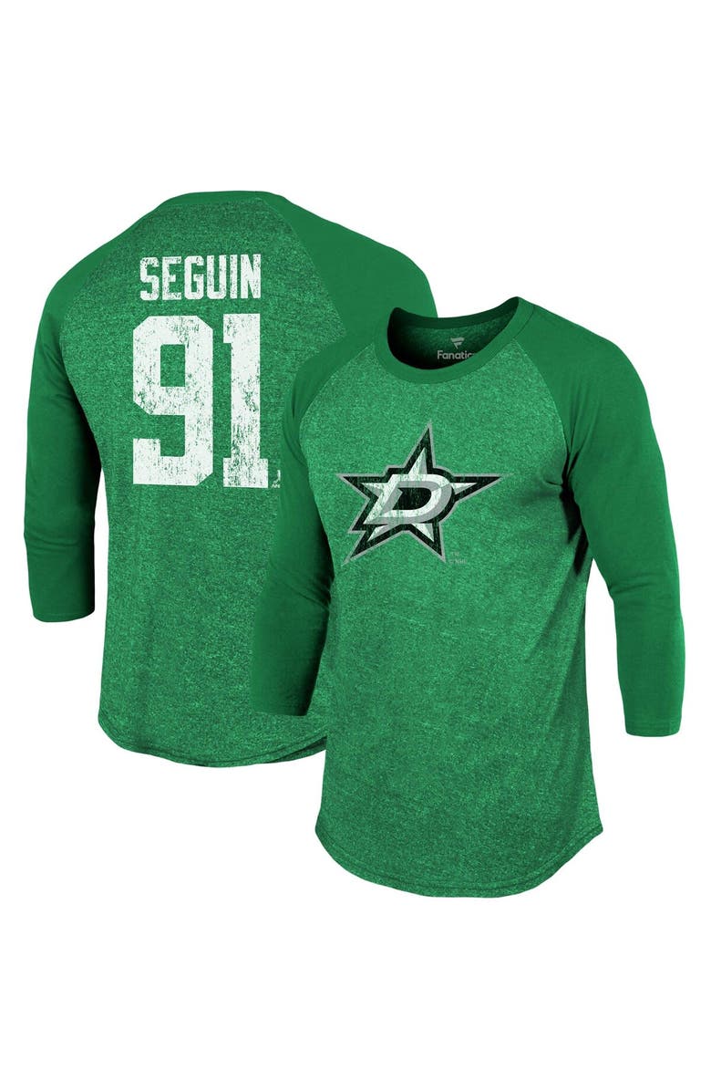 FANATICS Men's Fanatics Branded Tyler Seguin Kelly Green Dallas Stars Name & Number Tri-Blend Raglan 3/4-Sleeve T-Shirt, Main, color, 