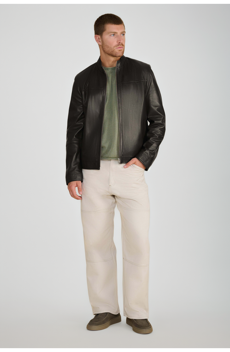 Furniq UK Otis Racer Leather Jacket, Alternate, color, Black