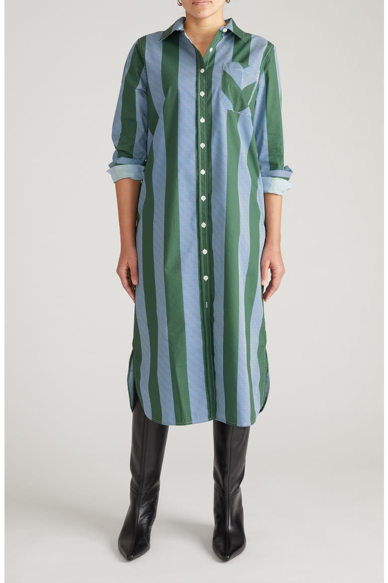 Odeon Long Sleeve Stretch Poplin Midi Shirtdress, Main, color, GREEN/ BLUE STRIPE