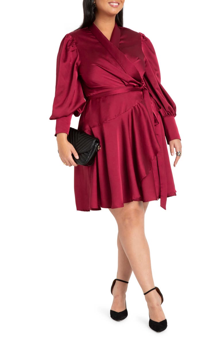 ELOQUII Long Sleeve Satin Wrap Dress, Main, color,