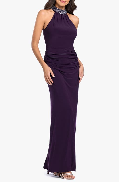 Beaded Mock Neck Column Gown