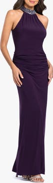 Betsy & Adam Beaded Mock Neck Column Gown