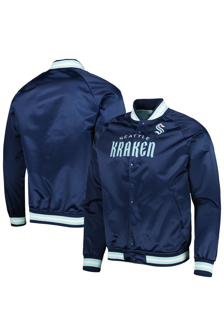 Men's Mitchell & Ness Deep Sea Blue Seattle Kraken Satin Full-Snap Raglan Varsity Jacket, Main, color, Navy