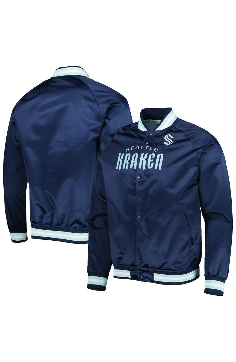 Mitchell & Ness Men's Mitchell & Ness Deep Sea Blue Seattle Kraken Satin Full-Snap Raglan Varsity Jacket, Main, color, Navy