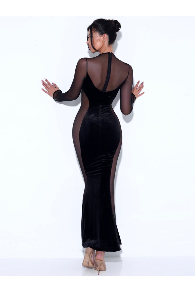 Paislee Velvet Mesh Long Sleeve Gown, Alternate, color, Black