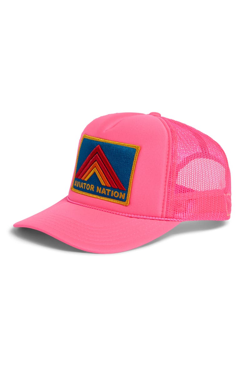 Mountain Stripe Logo Embroidered Snapback Trucker Hat, Main, color, NEON PINK