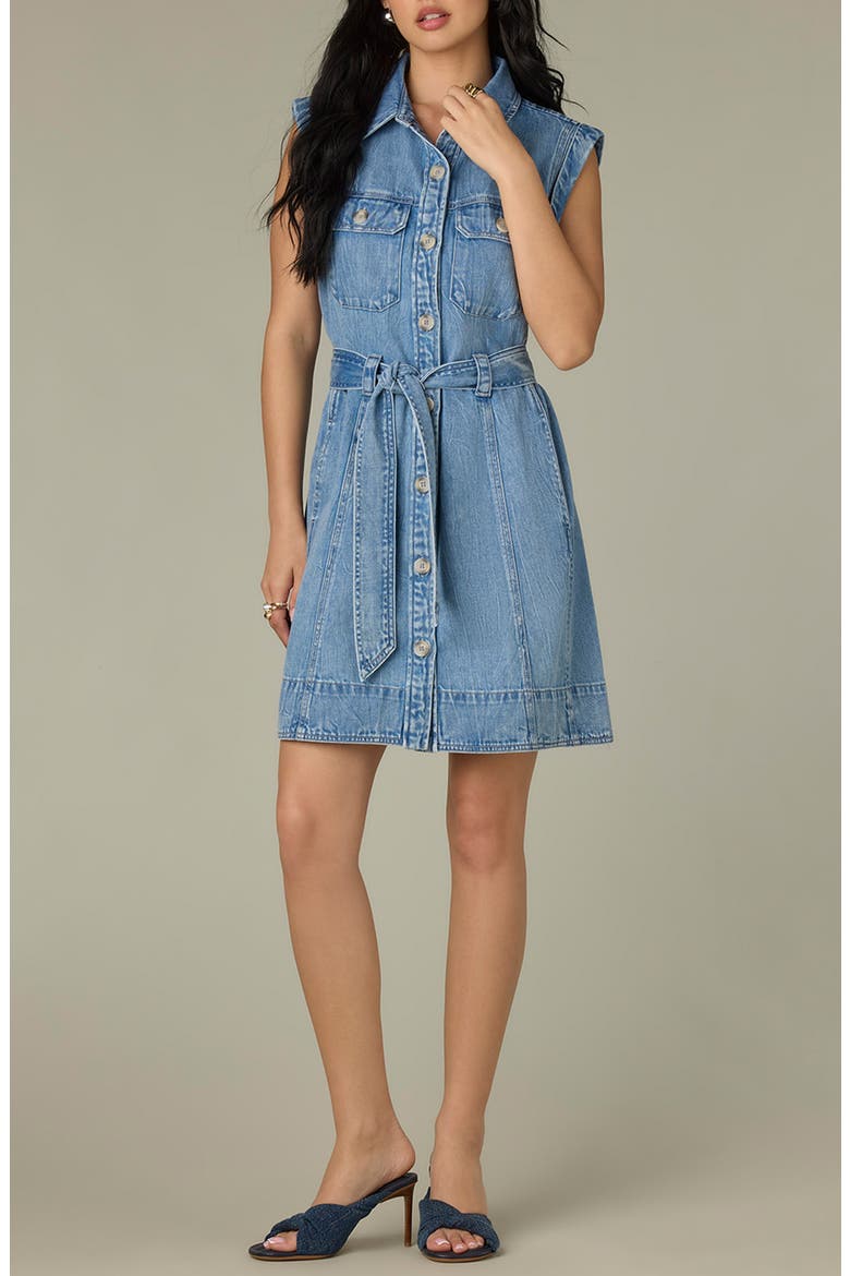 Tie Waist Sleeveless Denim Dress, Main, color, LIGHT BLUE