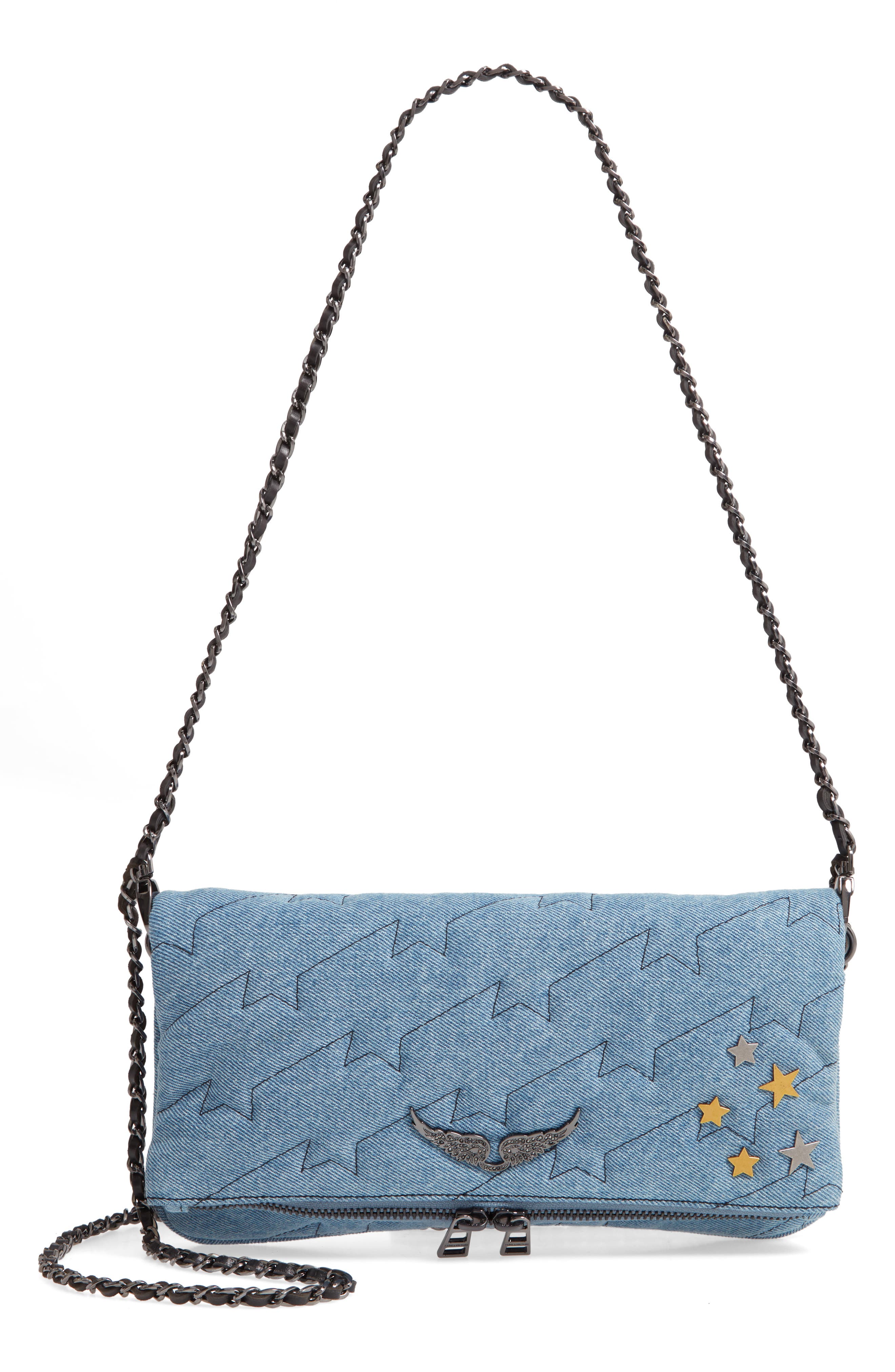 Zadig & Voltaire Small Rocky Quilted Denim Shoulder Bag, Main, color, 
