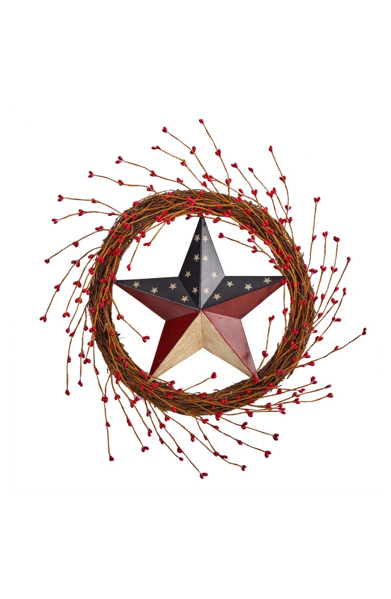 NEARLY NATURAL 20-in Americana Patriotic Star Wreath Red White and Blue, Main, color, Red/White/Blue