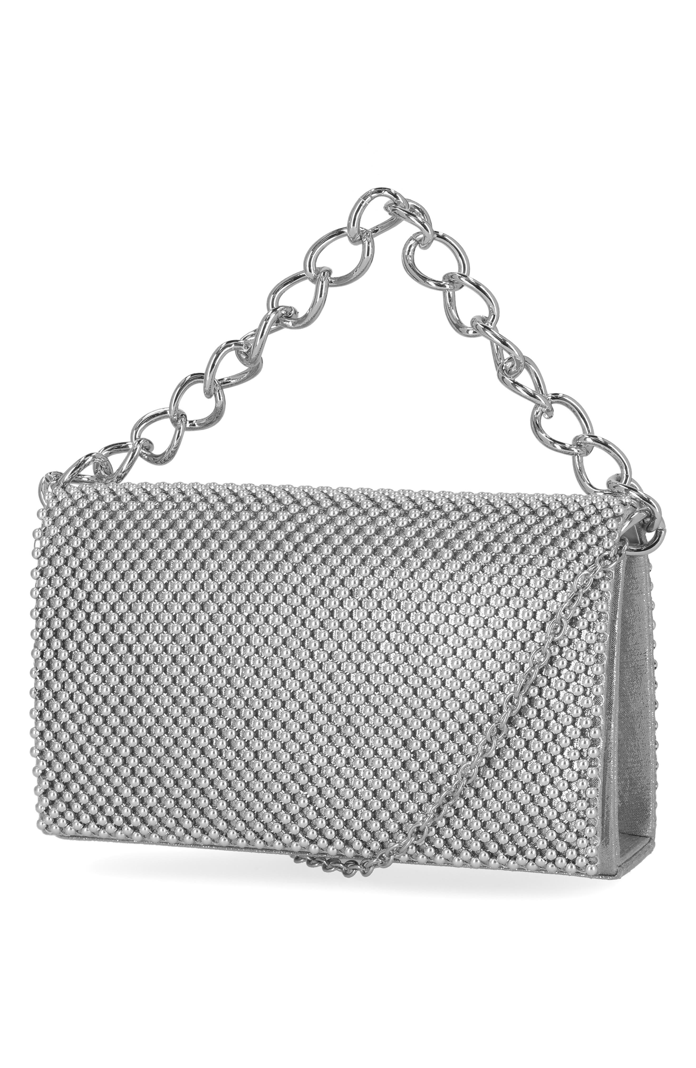 Jessica McClintock Damiana Beaded Metal Mesh Clutch, Alternate, color, Silver